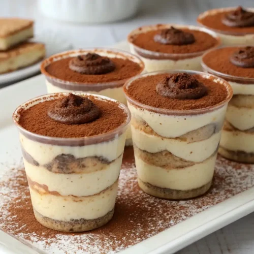 Mini Tiramisu Cups – Elegant Dessert for Any Occasion 2 Mini tiramisu cups layered with creamy mascarpone filling, coffee-soaked ladyfingers, and cocoa powder topping in clear dessert cups