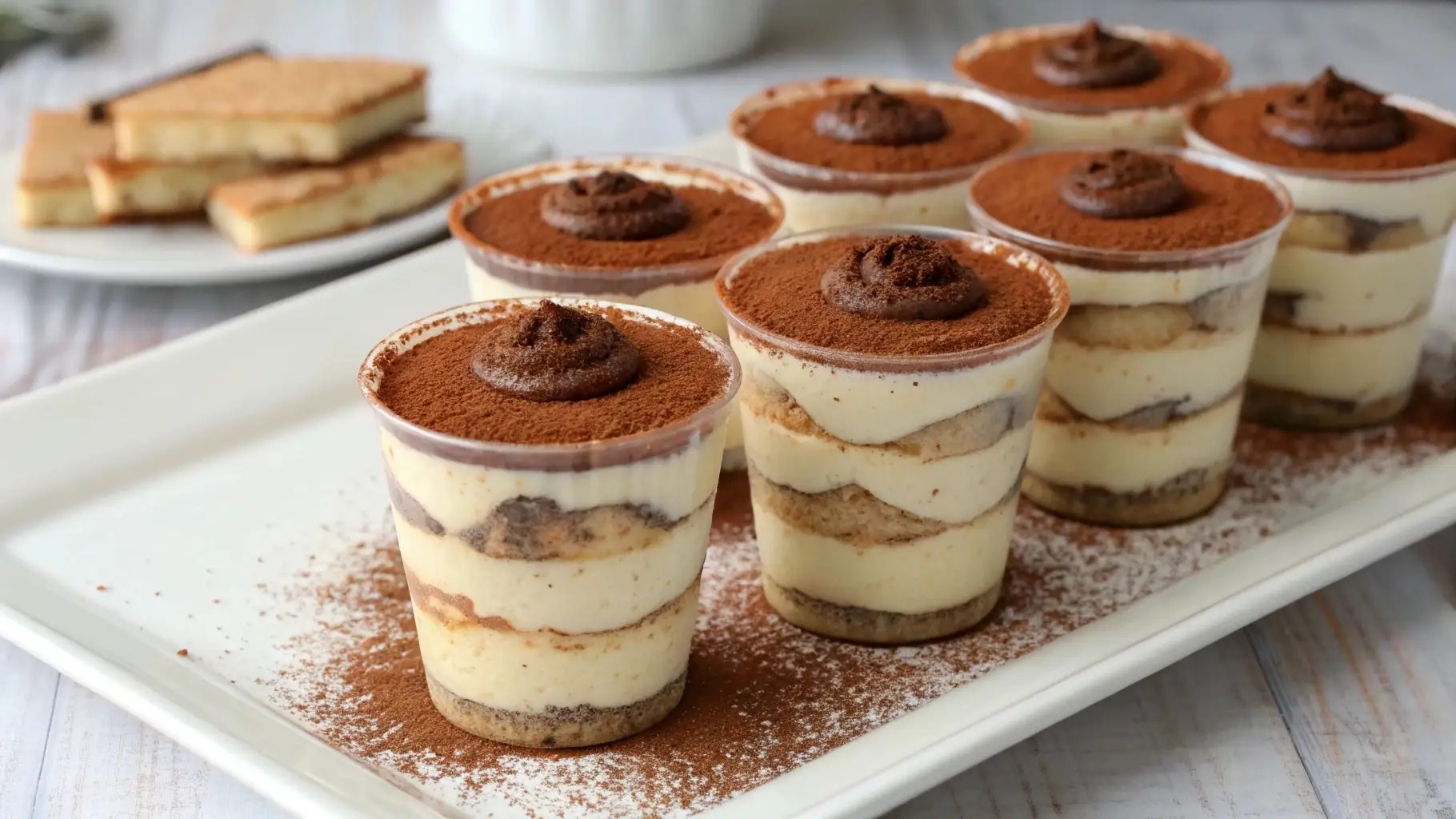 Mini Tiramisu Cups – Elegant Dessert for Any Occasion 1 Mini tiramisu cups layered with creamy mascarpone filling, coffee-soaked ladyfingers, and cocoa powder topping in clear dessert cups