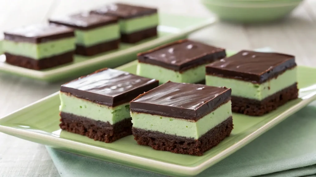 Mint chocolate layered brownies with dark chocolate ganache top, creamy green mint filling, and fudgy brownie base arranged on a pastel green plate