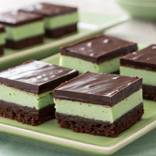 Mint chocolate layered brownies with dark chocolate ganache top, creamy green mint filling, and fudgy brownie base arranged on a pastel green plate