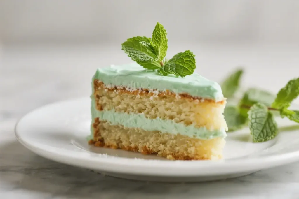 Mint julep cake slice with light green mint frosting layered soft sponge and fresh mint garnish on a white plate