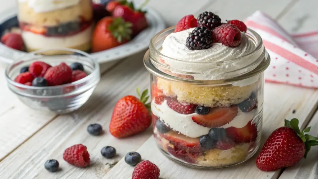 Layered berry shortcake in a glass jar with whipped cream, strawberries, blueberries, raspberries, and sponge cake.