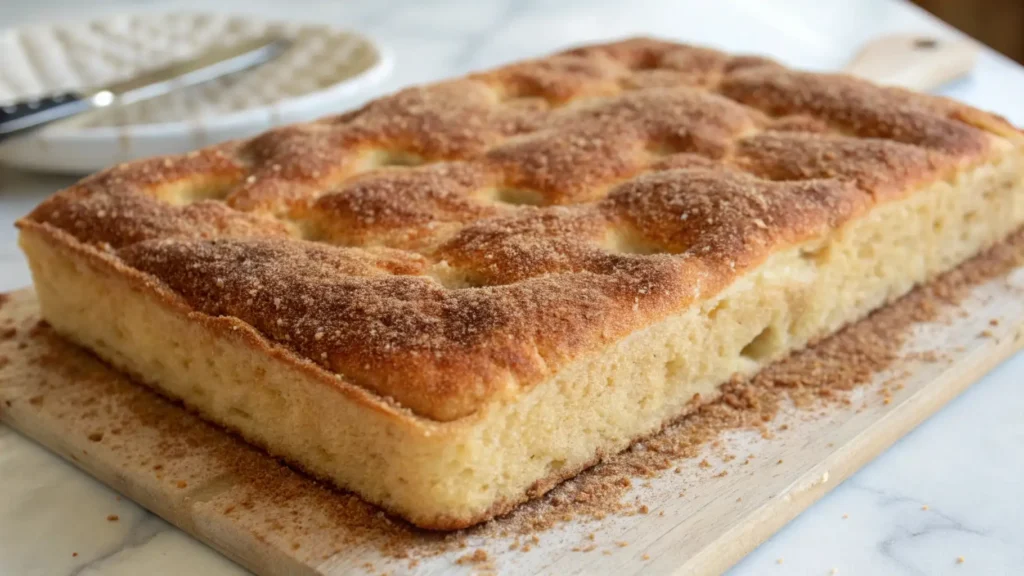 Moravian sugar cake with dimpled yeast dough, buttery cinnamon sugar topping, and golden baked crust on a wooden board