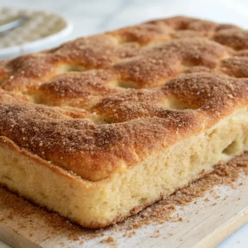Moravian sugar cake with dimpled yeast dough, buttery cinnamon sugar topping, and golden baked crust on a wooden board