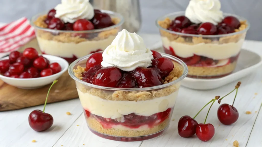 No-bake cherry pie parfaits layered with creamy filling, graham cracker crumbs, and cherry topping in individual dessert cups