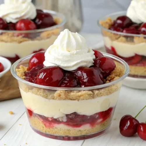 No-bake cherry pie parfaits layered with creamy filling, graham cracker crumbs, and cherry topping in individual dessert cups