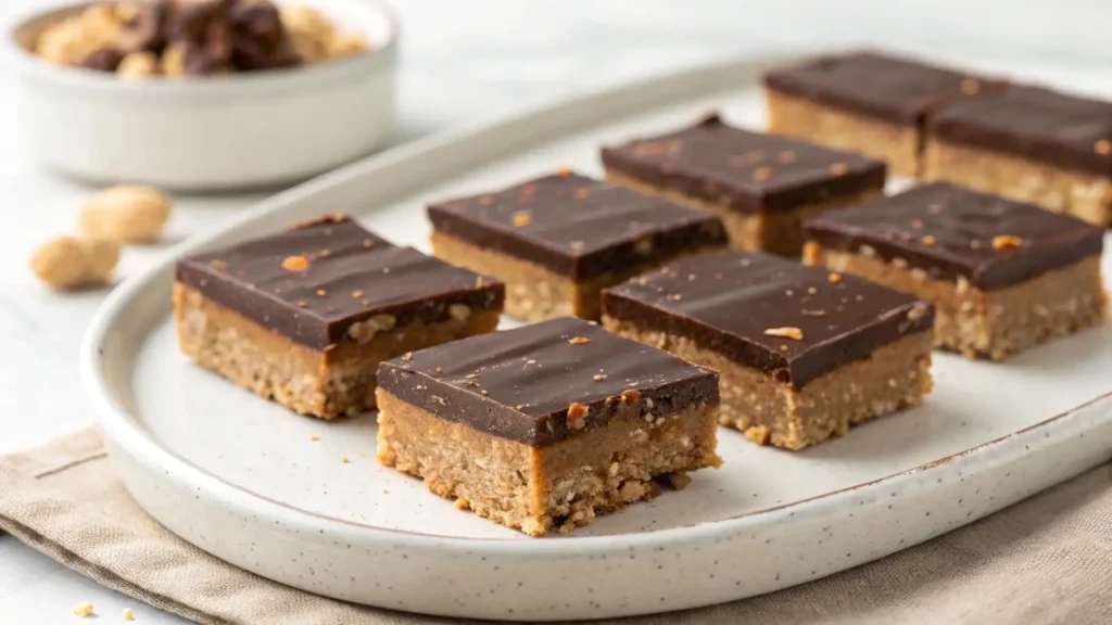 No-bake chocolate peanut butter bars cut into squares with a creamy peanut butter layer and smooth chocolate topping on a plate