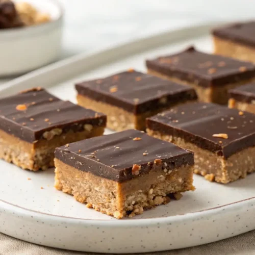 No-bake chocolate peanut butter bars cut into squares with a creamy peanut butter layer and smooth chocolate topping on a plate