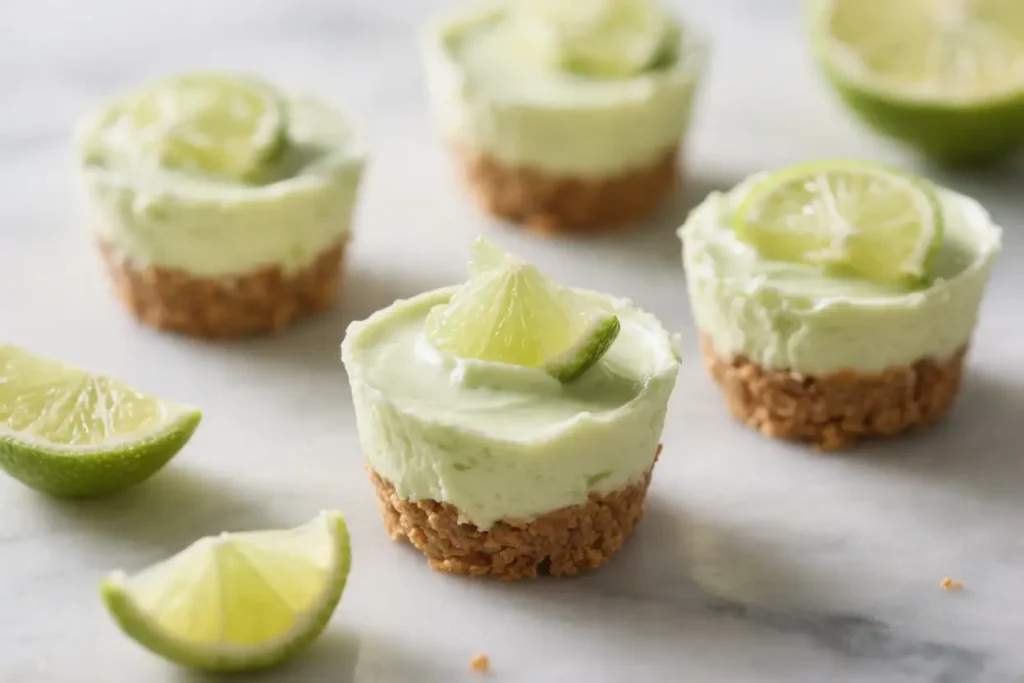 No-bake key lime cheesecake cups with graham cracker crust and creamy lime filling topped with fresh lime slices on a marble surface