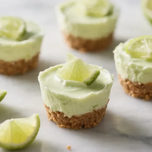 No-bake key lime cheesecake cups with graham cracker crust and creamy lime filling topped with fresh lime slices on a marble surface