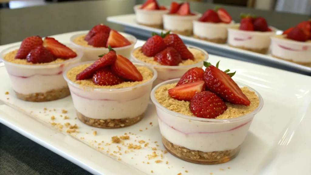 No bake strawberry cheesecake cups with creamy layers biscuit base and fresh strawberries on top served in small dessert cups