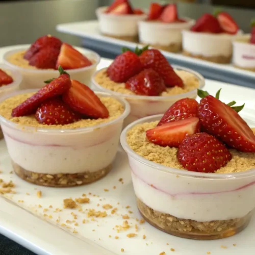 No bake strawberry cheesecake cups with creamy layers biscuit base and fresh strawberries on top served in small dessert cups