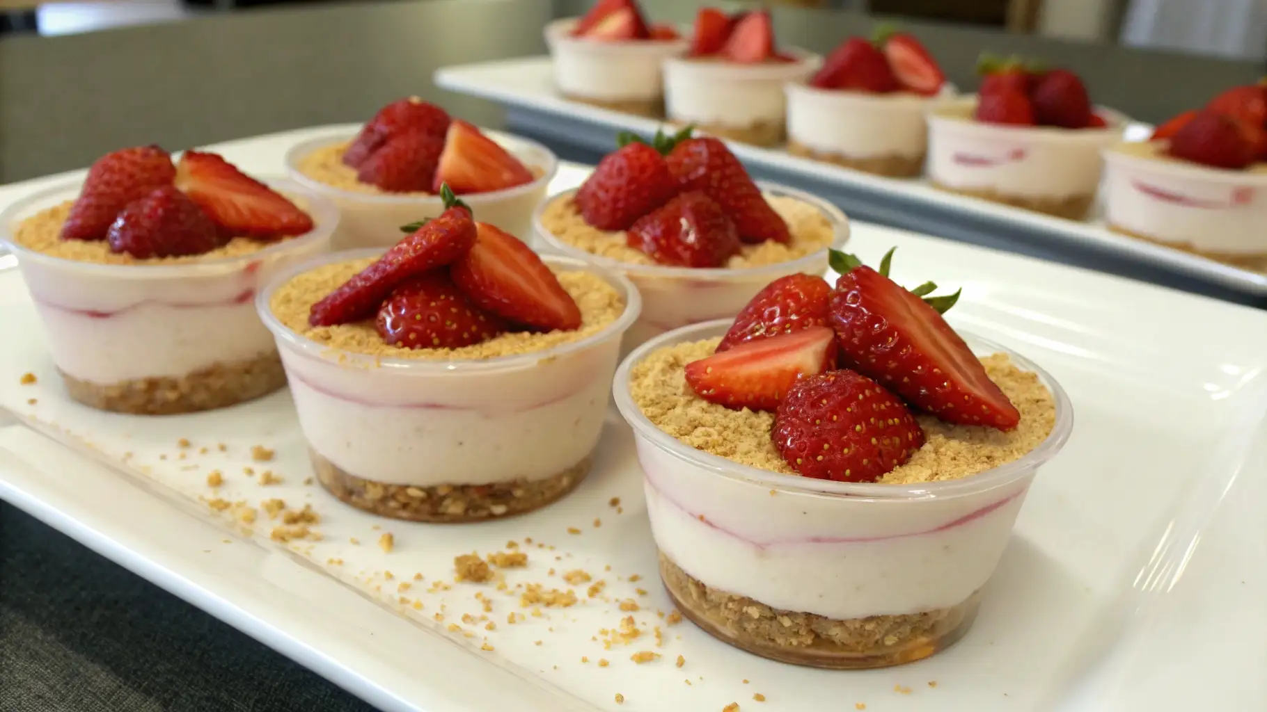No bake strawberry cheesecake cups with creamy layers biscuit base and fresh strawberries on top served in small dessert cups