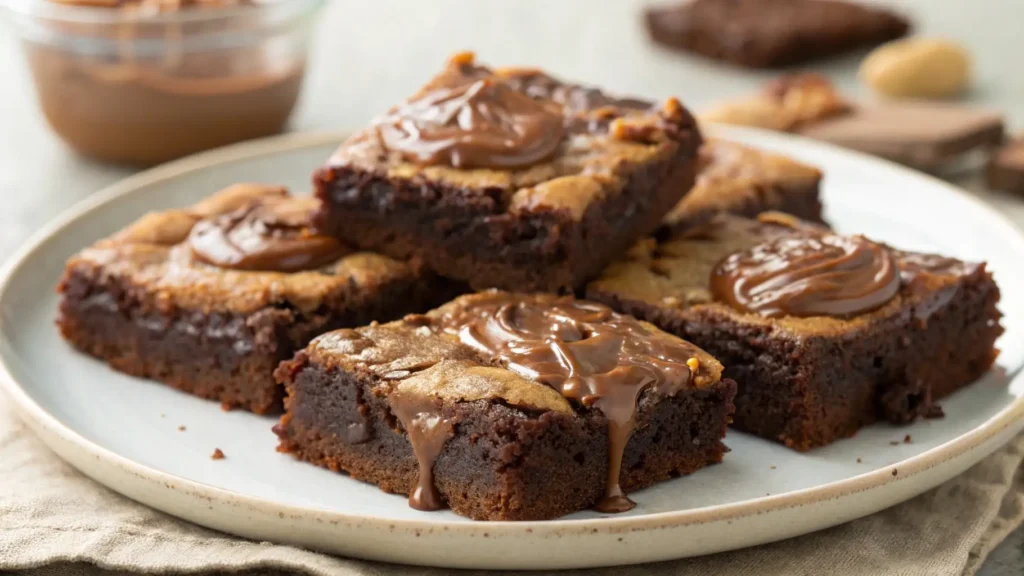 Fudgy Nutella brownies topped with melted chocolate hazelnut spread, cut into squares and served on a plate with rich gooey texture