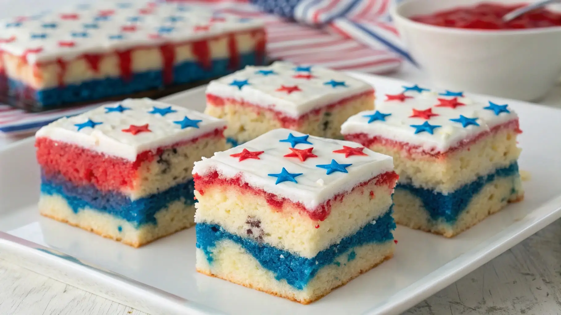 Patriotic poke cake squares with red white and blue layers topped with white frosting and star sprinkles on a serving plate