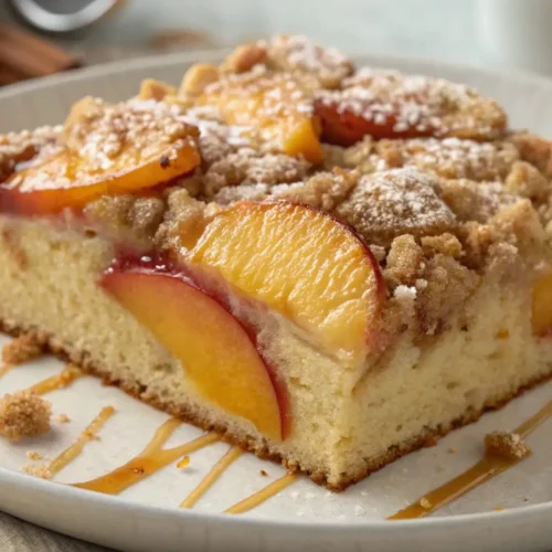 Slice of peach coffee cake with fresh peach slices, crumb streusel topping, powdered sugar, and caramel drizzle on a white plate