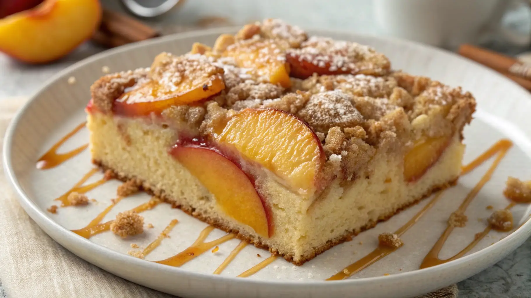 Slice of peach coffee cake with fresh peach slices, crumb streusel topping, powdered sugar, and caramel drizzle on a white plate