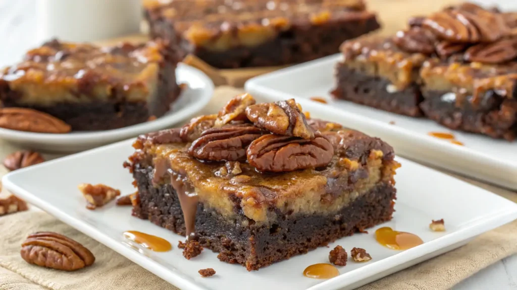Close-up of pecan pie brownies with a fudgy chocolate base topped with gooey caramel pecan layer, garnished with whole pecans and caramel drizzle on a white plate.