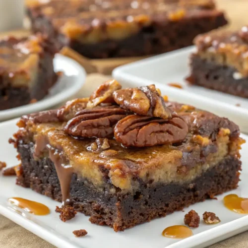 Close-up of pecan pie brownies with a fudgy chocolate base topped with gooey caramel pecan layer, garnished with whole pecans and caramel drizzle on a white plate.