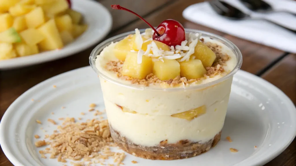 Pina colada cheesecake cup topped with pineapple chunks, coconut flakes, and a cherry in a clear dessert cup