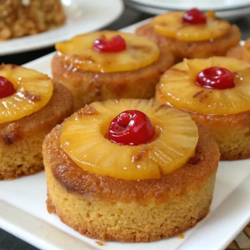 Pineapple upside down cupcakes topped with caramelized pineapple rings and red cherries on a white serving plate