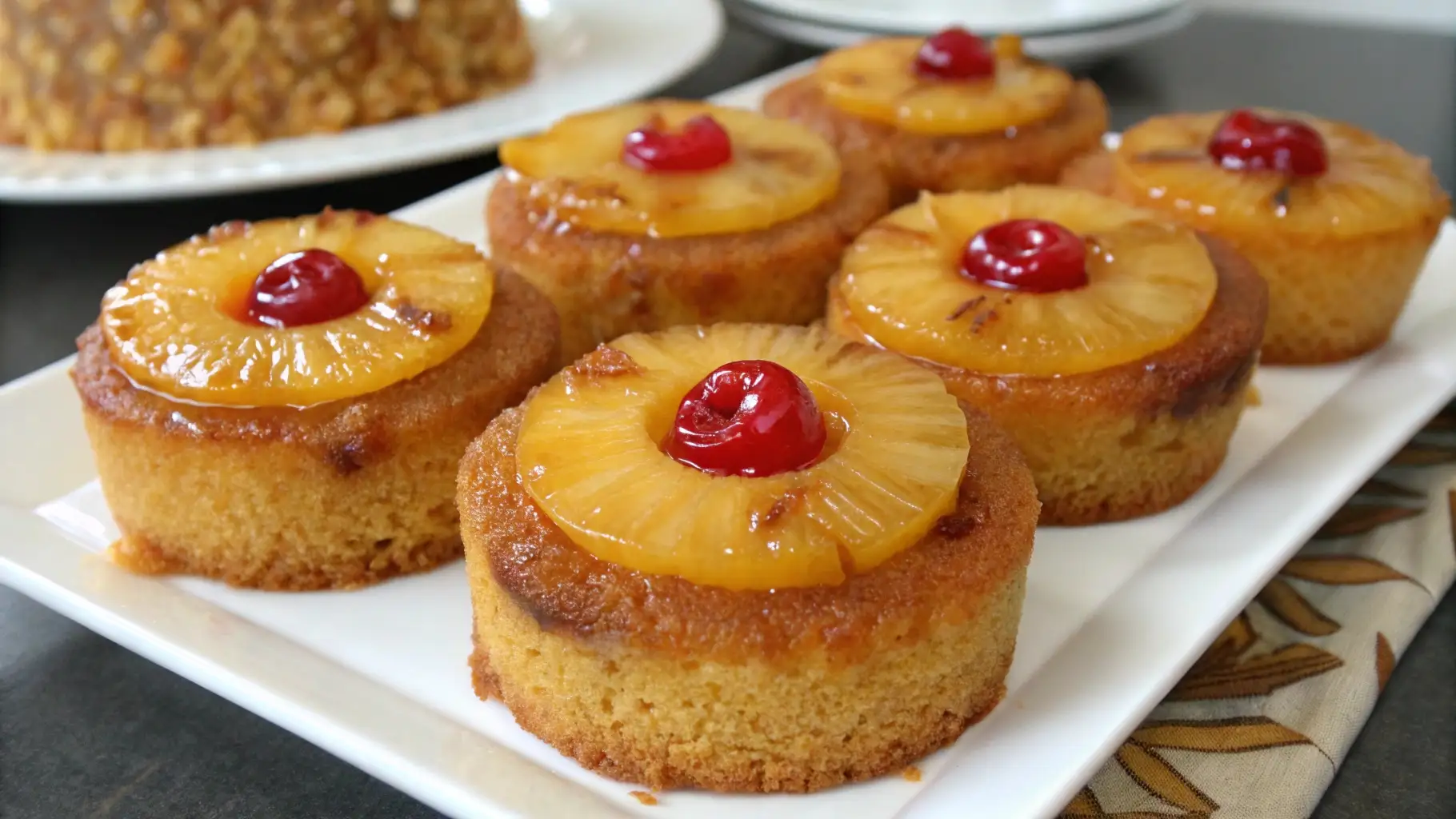 Pineapple upside down cupcakes topped with caramelized pineapple rings and red cherries on a white serving plate