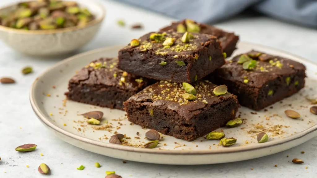 Fudgy pistachio brownies stacked on a plate topped with crushed pistachios and crumbs with a soft chewy texture and rich chocolate color