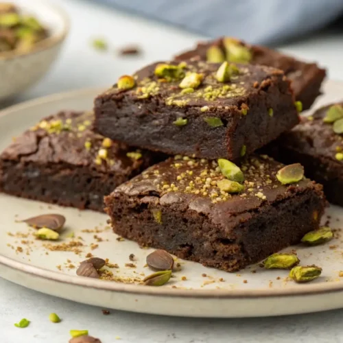 Fudgy pistachio brownies stacked on a plate topped with crushed pistachios and crumbs with a soft chewy texture and rich chocolate color