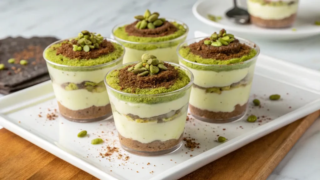 Pistachio tiramisu cups with creamy layers mascarpone filling coffee soaked biscuits and crushed pistachios served in clear dessert cups