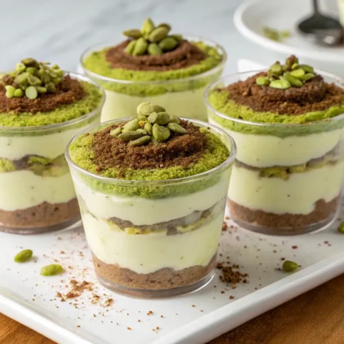 Pistachio Tiramisu Cups Perfect Party Dessert Cups – Easy, Elegant, and Crowd-Pleasing 2 Pistachio tiramisu cups with creamy layers mascarpone filling coffee soaked biscuits and crushed pistachios served in clear dessert cups
