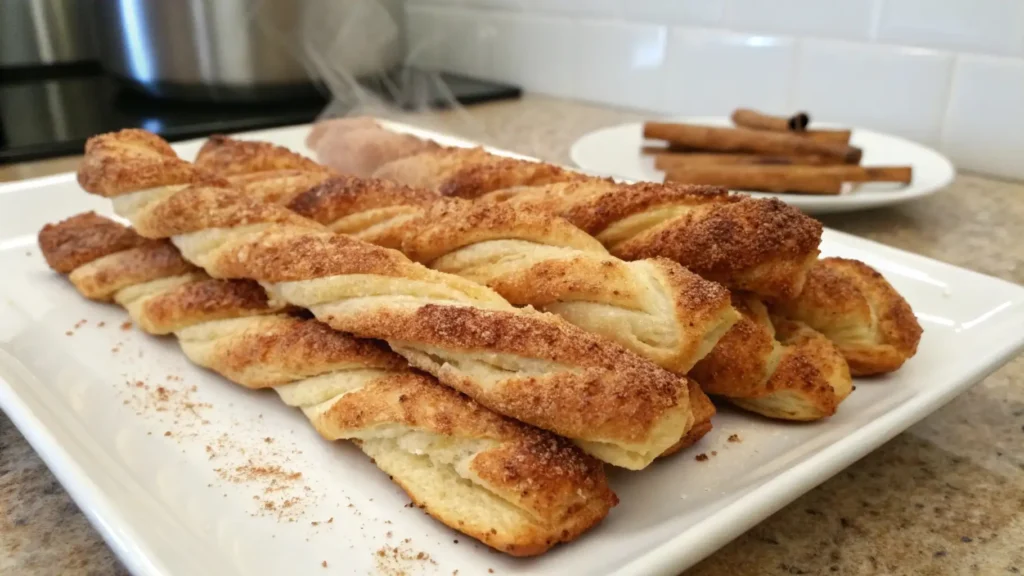 Golden puff pastry cinnamon twists coated in sugar and cinnamon, baked crispy and flaky on a white plate