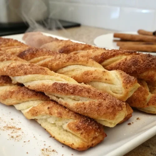 Puff Pastry Cinnamon Twists – Easy 3-Ingredient Dessert 2 Golden puff pastry cinnamon twists coated in sugar and cinnamon, baked crispy and flaky on a white plate