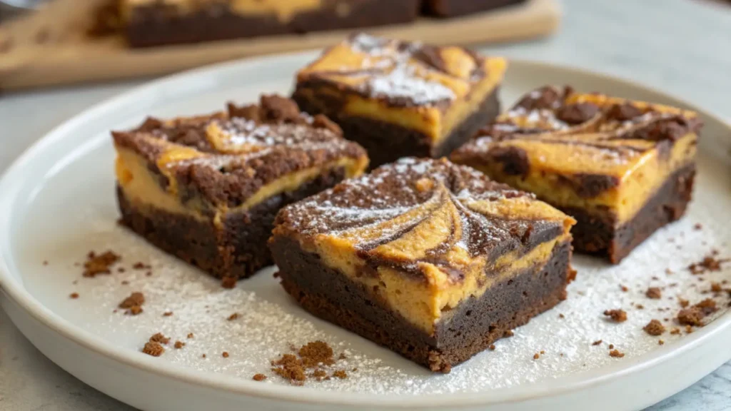 Pumpkin cheesecake swirl brownies cut into squares on a plate, showing creamy pumpkin cheesecake layers swirled into a fudgy chocolate brownie base, dusted with powdered sugar.