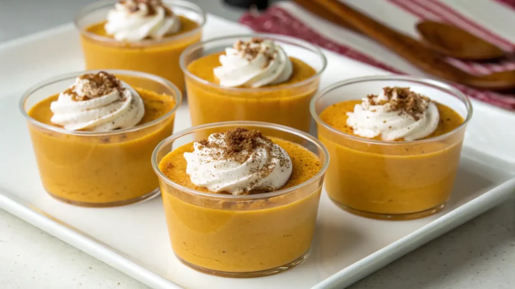 Pumpkin mousse dessert cups topped with whipped cream and cinnamon, creamy fall dessert served in small glass cups perfect for Thanksgiving treats
