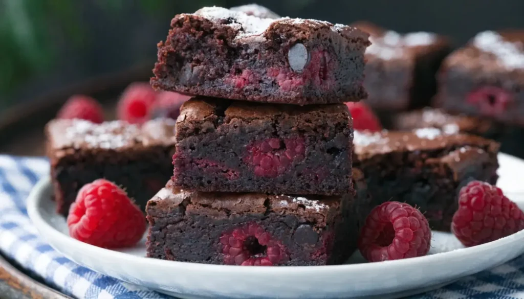 Stack of fudgy raspberry brownies on a plate with visible fresh raspberries inside, dusted with powdered sugar and surrounded by whole berries, showing a rich dense chocolate texture.