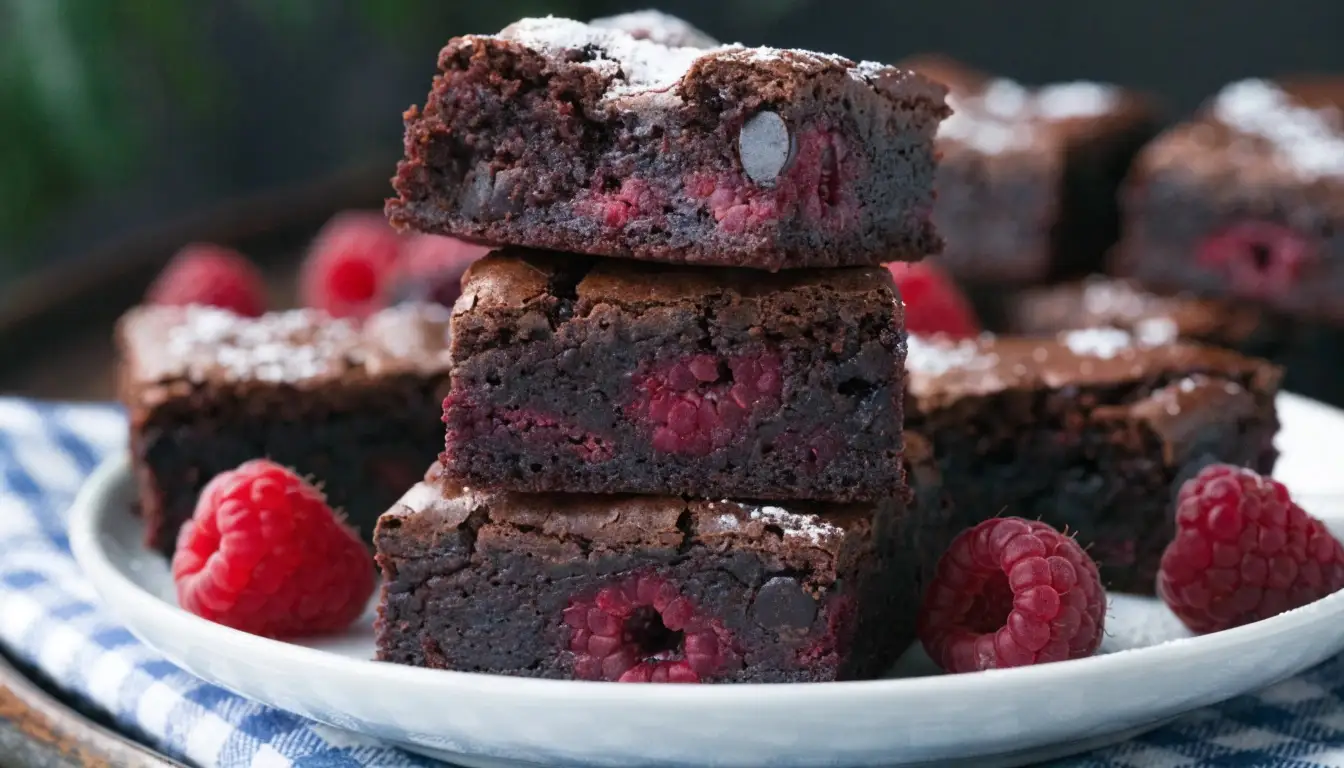 Stack of fudgy raspberry brownies on a plate with visible fresh raspberries inside, dusted with powdered sugar and surrounded by whole berries, showing a rich dense chocolate texture.