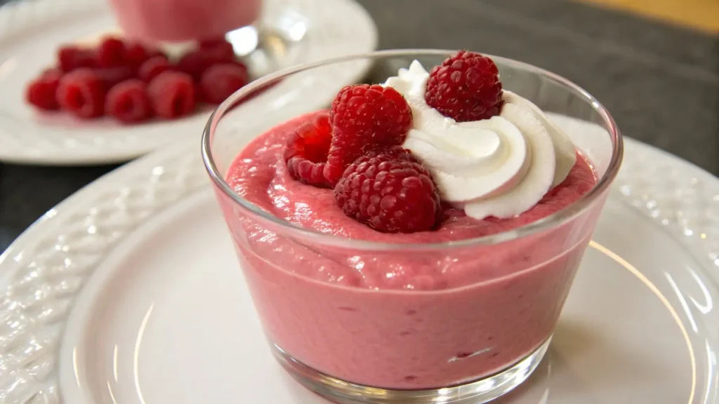 Raspberry mousse cup topped with whipped cream and fresh raspberries in a glass dessert bowl