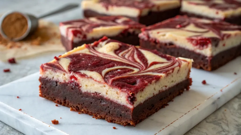 Red velvet cheesecake brownies with a fudgy chocolate base and creamy cheesecake swirl topping cut into squares on a marble surface