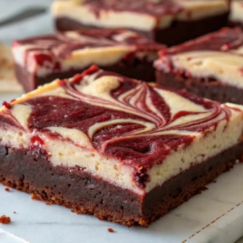Red velvet cheesecake brownies with a fudgy chocolate base and creamy cheesecake swirl topping cut into squares on a marble surface