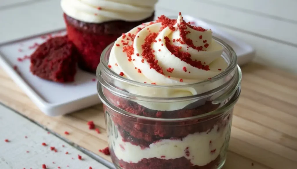 Red velvet cupcake in a jar layered with cream cheese frosting and topped with whipped frosting and cake crumbs
