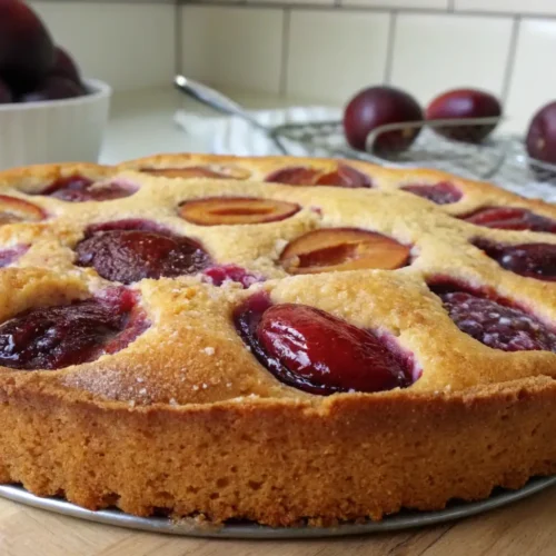 Rustic plum cake with fresh baked plums on top and golden buttery crust on a wooden board