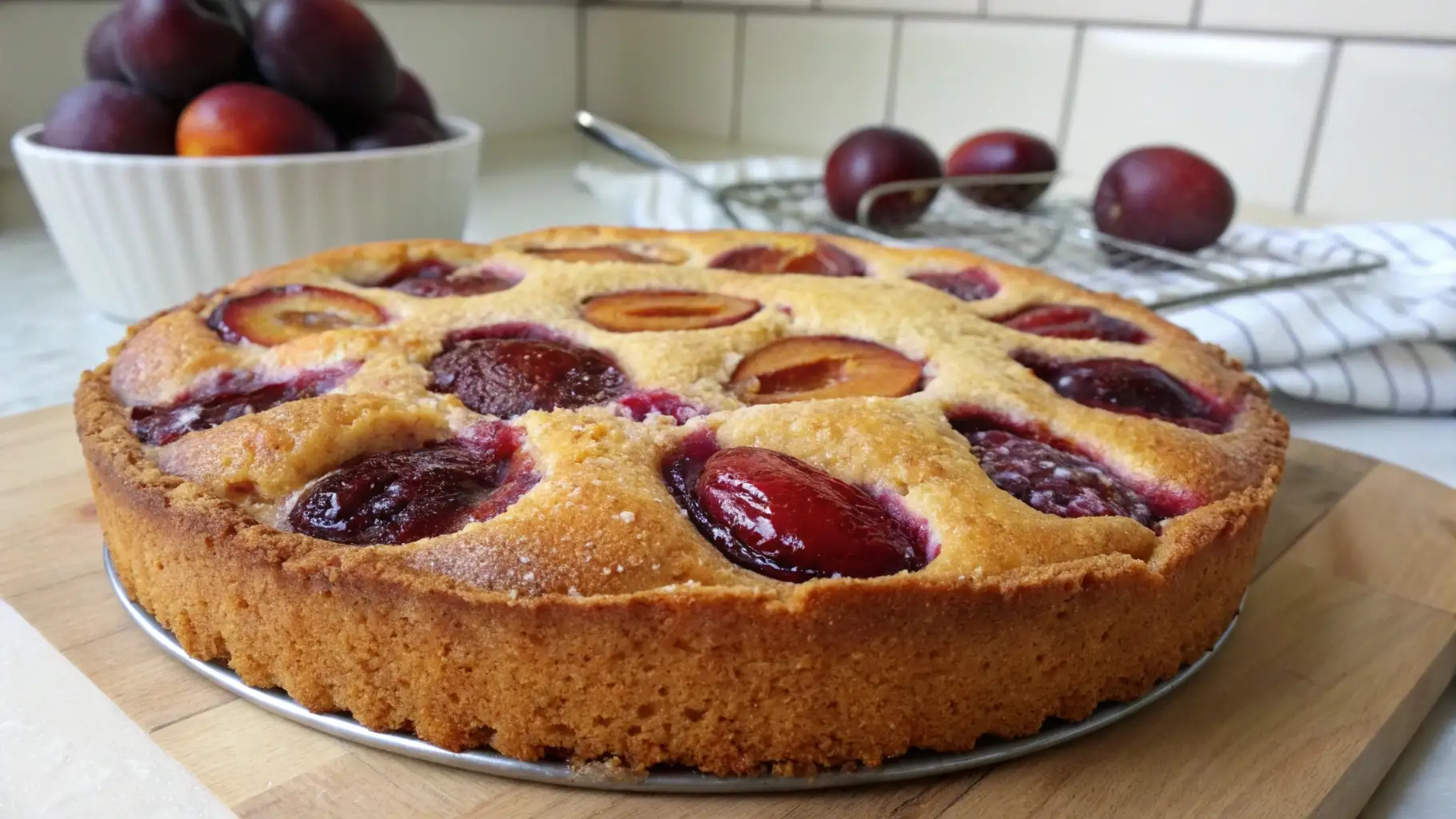 Rustic plum cake with fresh baked plums on top and golden buttery crust on a wooden board