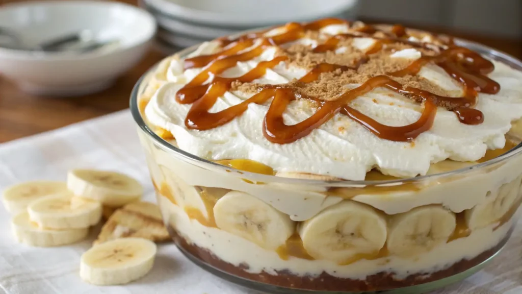 Salted caramel banana pudding layered with bananas, vanilla custard, whipped cream, and caramel drizzle in a glass dish