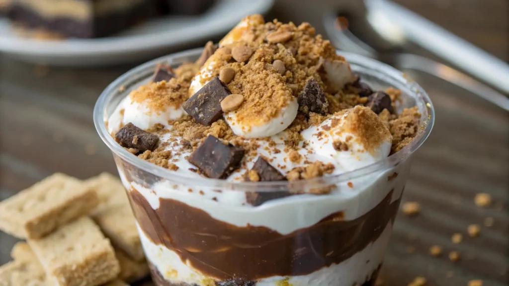 S’mores trifle cup layered with chocolate pudding, whipped cream, graham cracker crumbs, marshmallows, and chocolate chunks in a dessert cup