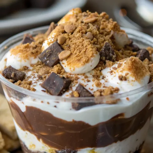 S’mores trifle cup layered with chocolate pudding, whipped cream, graham cracker crumbs, marshmallows, and chocolate chunks in a dessert cup