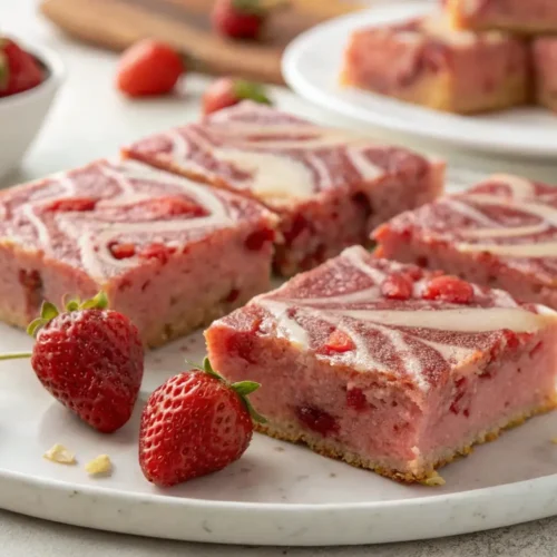 Fudgy strawberry brownies with creamy swirl topping and fresh strawberries on a white plate