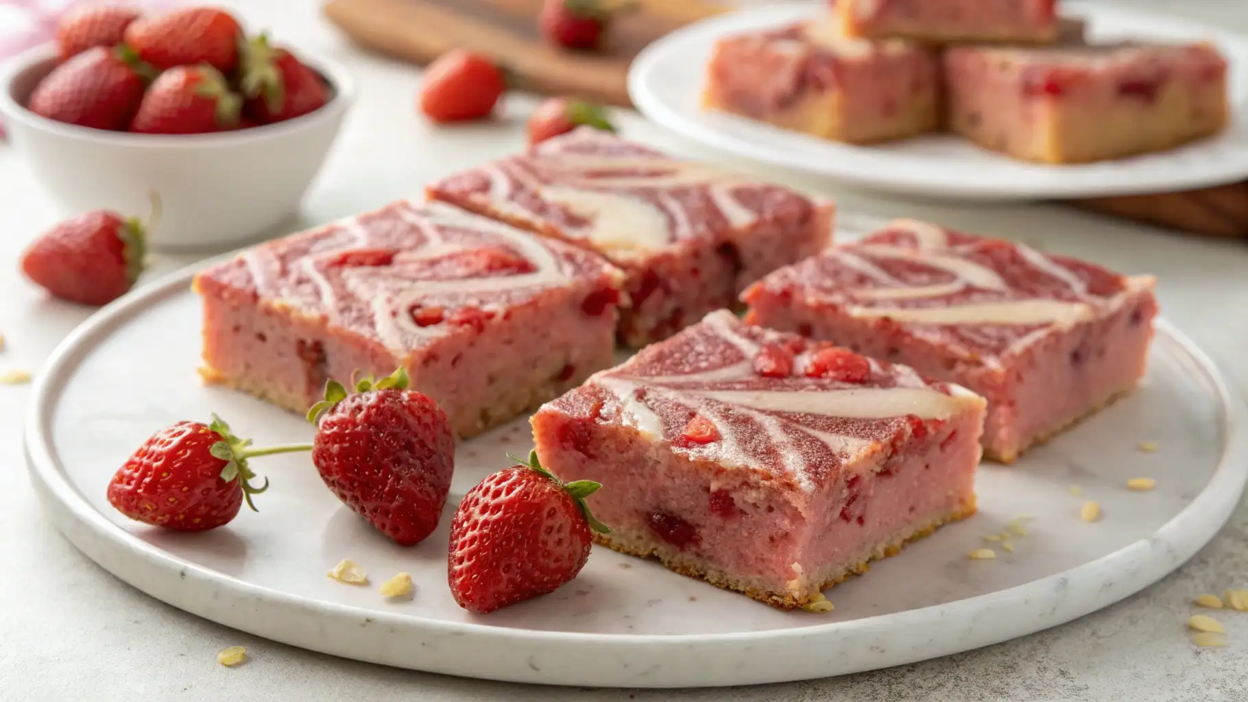 Fudgy strawberry brownies with creamy swirl topping and fresh strawberries on a white plate