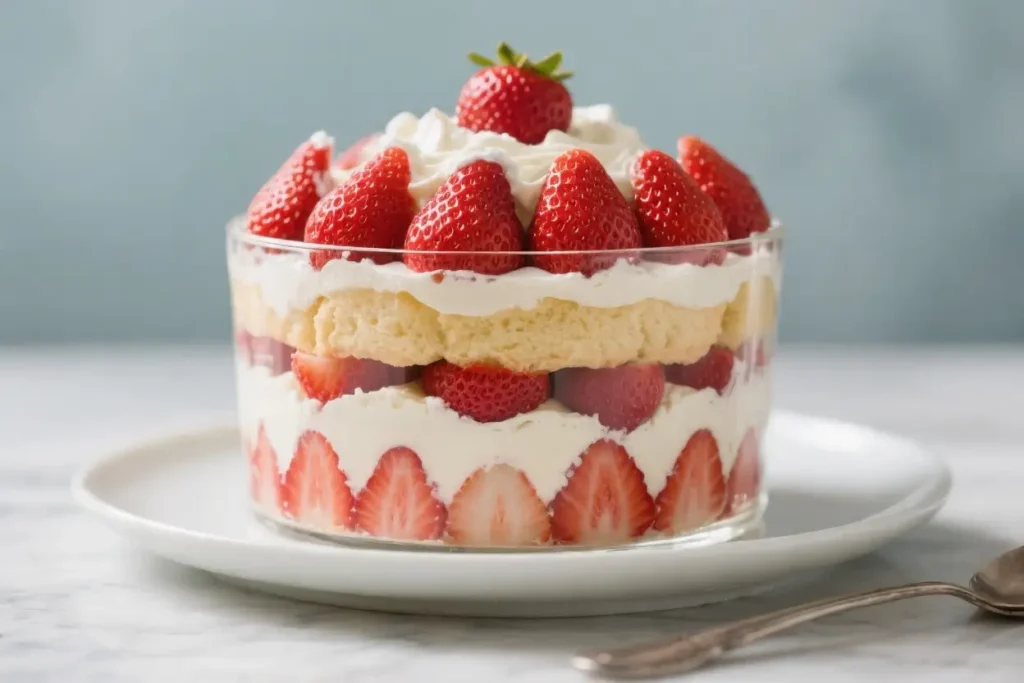 Strawberry shortcake trifle in a glass dish with layers of vanilla cake, fresh strawberries, and whipped cream on top