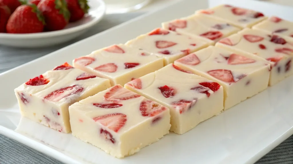 Creamy strawberry white chocolate fudge cut into smooth squares with fresh strawberry pieces inside, arranged on a white plate with whole strawberries in the background.
