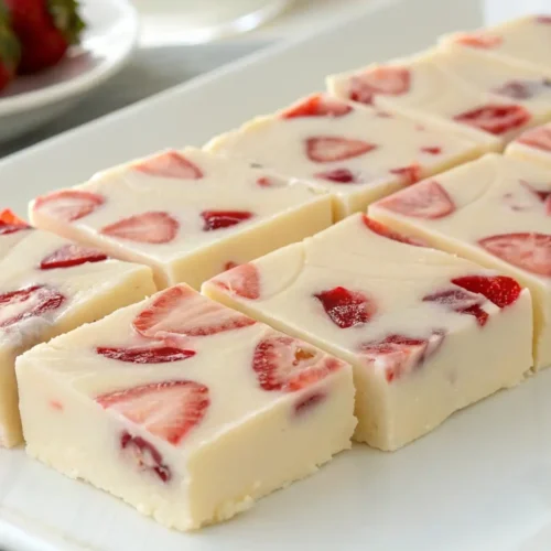 Creamy strawberry white chocolate fudge cut into smooth squares with fresh strawberry pieces inside, arranged on a white plate with whole strawberries in the background.